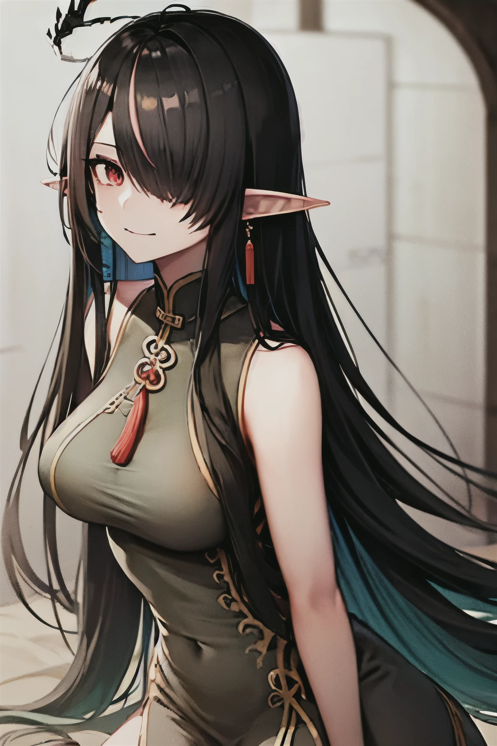 black_hair, long_hair, pointy_ears, multicolored_hair, jewelry, earrings, red_eyes, sleeveless, colored_skin, streaked_hair, Big_breasts, elf_girl, very_long_hair, hair_over_one_eye, half_body, green_hair, tassel_earrings, closed_mouth,glowing, no face, long hair, tall, ((mature, smirk,)),red_cheongsam,Hime_cut_hair_style