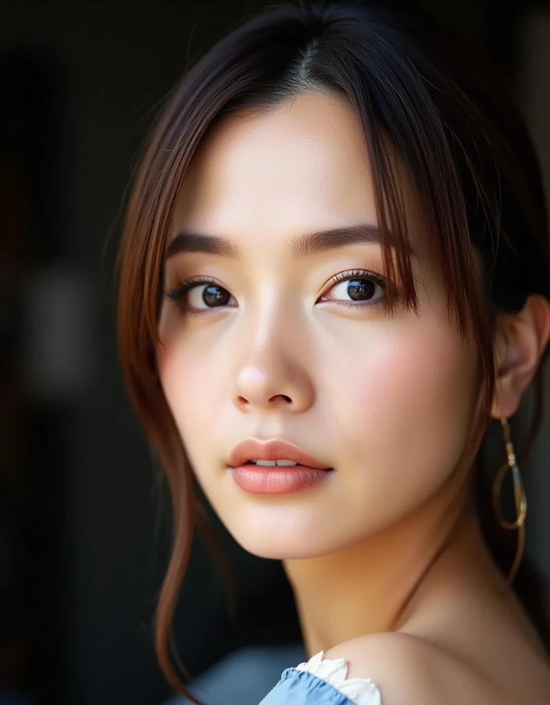 (Close-up shot of forehead to eyebrows of an Asian woman with natural smooth skin: 1.5), (full face: 1.8), (macro photo: 1.8) solo, dark, light slit, masterpiece, best quality, (highly realistic: 1.6), 16k, raw photo, highly detailed, (professional makeup: 1.6), (ultra close-up of face, close-up shot of forehead to eyebrows: 1.7), (ultra close-up of face with nose in the center and full screen: 1.6), (pose with face slightly to the left facing the camera: 1.7), big eyes, thin nose, open lips, (false mole, small blemish, detailed skin texture: 1.7),