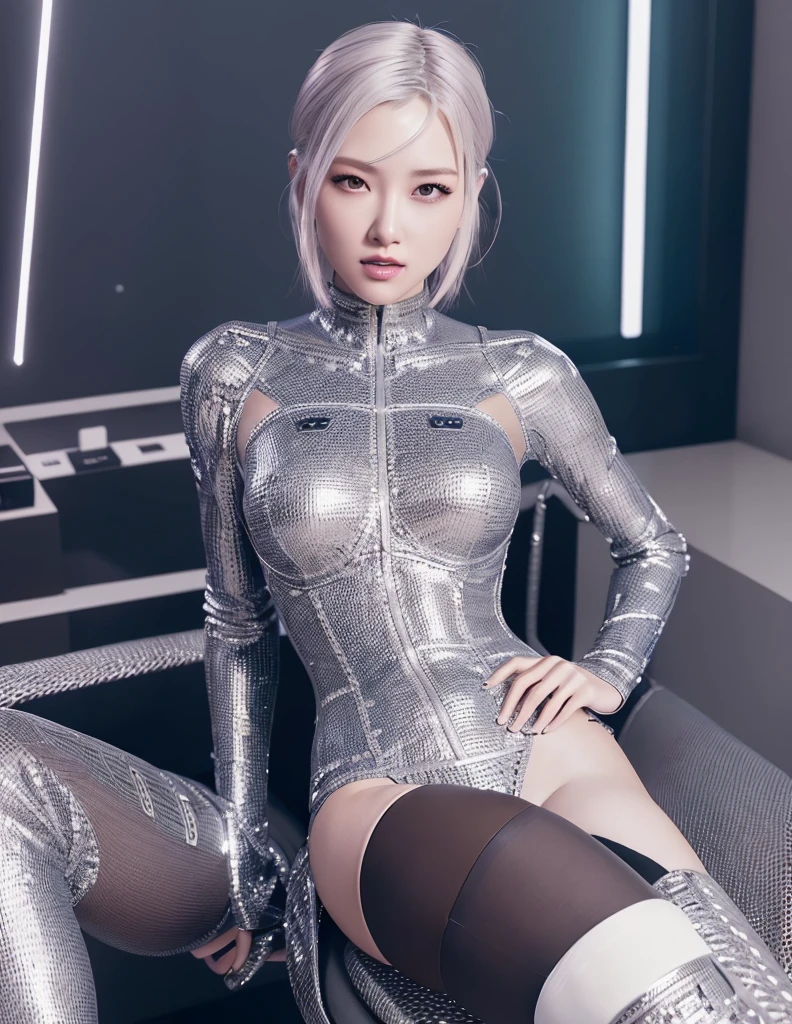 (best quality, 8k, highres, photorealistic:2.0), (solo, one girl:2.0),(lighting: front),(lighting: strong),(Russian Beauty:2.0),(very muscular girl:2.0),(bodybuilder girl:1.5),(shiny skin:1.5),(oily skin:1.5),(platinum blonde hair:1.5),(Squat down with both knees up and spread your legs apart:1.5),(raise both arms behind your head:1.5),(high heels:1.5),(lewd girl),(cyberpunk location:1.9),(((Wearing a pearl white latex long sleeve tight dress))),