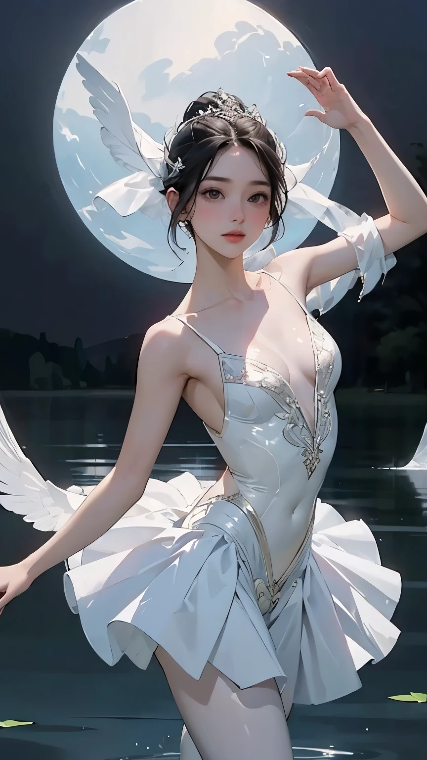 ( A quiet twilight lake shining in the moonlight 、Draw a scene of a lake )、( A beautiful young woman is dancing ballet on the surface of the water)、 arabesque pose、(Draw the whole body)、 dressed in intricate details 、 Actually, a young woman is an incarnation of a swan 、 draw details accurately、 her supple figure 、Beautiful ballerina with gracefully outstretched arms 、 A tutu with a beautiful design 、Reflects like a mirror on the lake surface 、 fantastic。Dramatic lighting、Sparkle、 RAW photo、masterpiece、wallpaper、 High Quality 、High image quality、8k、