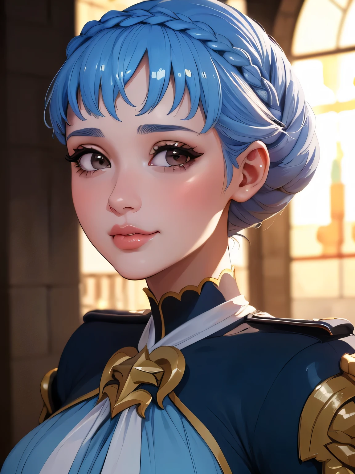 mariannetimeskip, mariannetimeskip, crown braid, blue dress, long sleeves, capelet, very short hair, (masterpiece, best quality,8k ultra-detailed), facing viewer, facing viewer, church, blushing, very sexy smile, very cute nose, extremely heavy eyeshadow, extremely heavy makeup, extremely heavy eyeshadow, extremely heavy makeup, glistening skin, glistening skin, shiny skin, shiny skin, extremely thick lips, extremely glossy lips, extremely pouty lips, extremely thick lips, extremely glossy lips, extremely pouty lips, extremely thick lips, extremely glossy lips, extremely pouty lips, extremely pretty, extremely beautiful, extremely shy, extremely gentle, extremely timid, extremely elegant, extremely pretty, extremely beautiful, extremely shy, extremely gentle, extremely timid, extremely elegant, supermodel face, supermodel face, supermodel face, supermodel face, very extreme close up, very extreme close up, very extreme close up, very extreme close up, very extreme close up, very extreme close up, very extreme close up, very extreme close up, very extreme close up, very extreme close up, very extreme close up, very extreme close up, upper body shot, upper body shot, upper body shot, upper body shot, upper body shot,