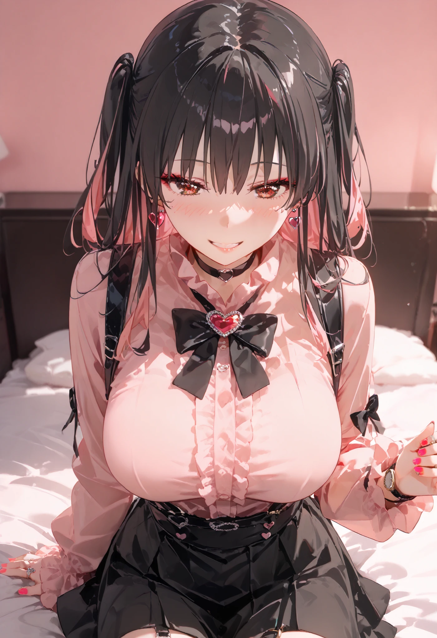 score_9, score_8_up, score_7_up, source_Anime, 8k, Masterpiece , best quality, ultra detail, very delicate and beautiful, official style, depth of writing, high definition, very refined , complicated, over detail , perfect anatomy , ( watch viewers:1.3), the above, (( sex:1.2)), , wariza, On Bed , ( hotel room, Love Hotel, Pink Wall, Pink Bed Sheets ), condom wrap , pink smartphone ,
BREAK 1 girl, Alone, (輝く瞳、 beautiful eyes , round eyes, smiling gently ),( black hair, Pink Hair, Bicolor Hair , Multi Colored Hair), long hair, two side up, black hair bow, red eyes, red eyeshadow under eyes, pink cheeks, Earth system, my_Cute, ( Crossed String Clothes , pink shirt , Long Sleeve , Frillsed sleeves), Frills, black bowtie , black skirt , black suspenders, Black socks, heart brooch , heart earrings, ring, ( Multicolor Nails, NAIL POLISH , PINK NAILS, black nail ), ( mask , black mask ), black belt, o-ring thigh strap, touch the black choker , smirking 、 mature mature 、y0k4t4, 1 girl