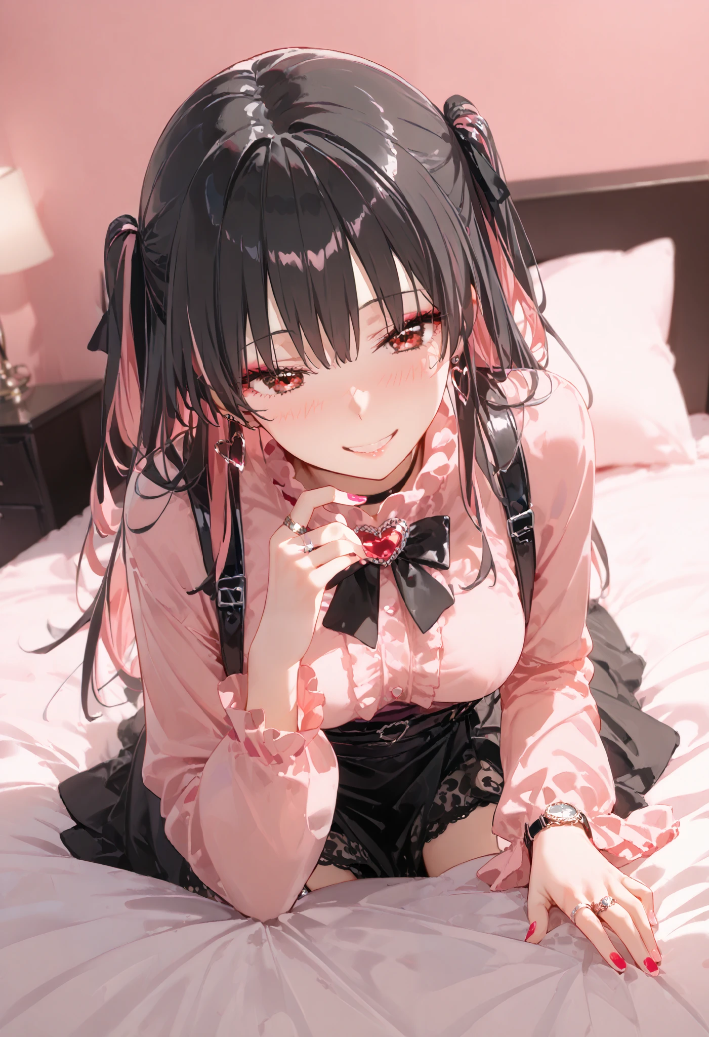 score_9, score_8_up, score_7_up, source_Anime, 8k, Masterpiece , best quality, ultra detail, very delicate and beautiful, official style, depth of writing, high definition, very refined , complicated, over detail , perfect anatomy , ( watch viewers:1.3), the above, (( sex:1.2)), , wariza, On Bed , ( hotel room, Love Hotel, Pink Wall, Pink Bed Sheets ), condom wrap , pink smartphone ,
BREAK 1 girl, Alone, (輝く瞳、 beautiful eyes , round eyes, smiling gently ),( black hair, Pink Hair, Bicolor Hair , Multi Colored Hair), long hair, two side up, black hair bow, red eyes, red eyeshadow under eyes, pink cheeks, Earth system, my_Cute, ( Crossed String Clothes , pink shirt , Long Sleeve , Frillsed sleeves), Frills, black bowtie , black skirt , black suspenders, Black socks, heart brooch , heart earrings, ring, ( Multicolor Nails, NAIL POLISH , PINK NAILS, black nail ), ( mask , black mask ), black belt, o-ring thigh strap, black choker, smirking 、 mature mature 、y0k4t4, 1 girl