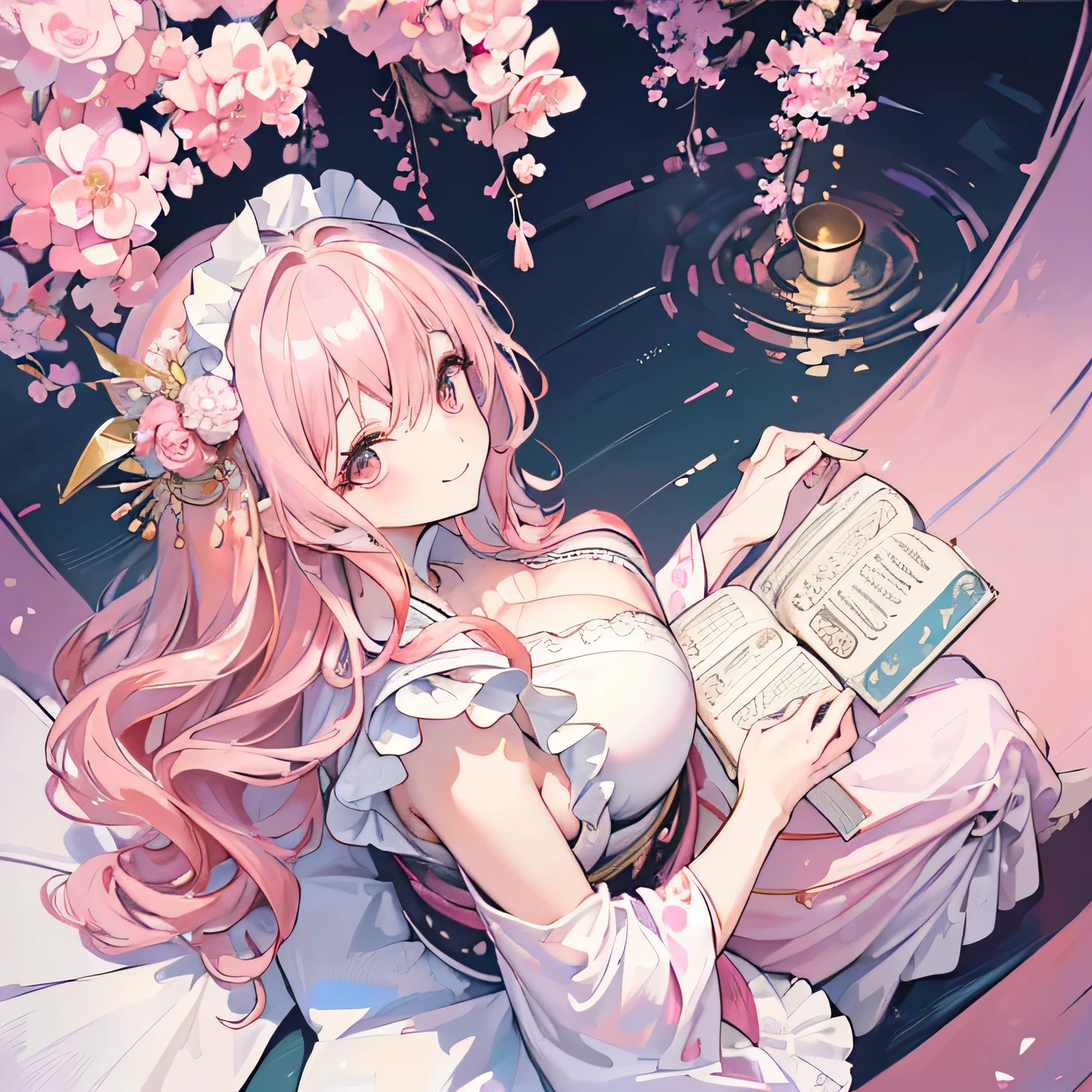 ( Masterpiece ), ( best quality), ( super detailed), Glamorous woman 、 A plump woman、 One Mature Woman 、(((busty maid 、 kimono、 sleeveless kimono 、 white apron dress pink hair 、 length, wavy hair )))、smile、 ((( sitting looking up at viewers 、smile ))、#woman、 do、transparent bodystocking see-through, bodystocking 、 angle seen from above