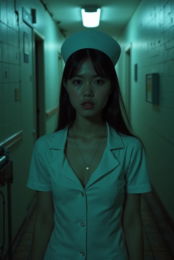 A terrified ******* Thai girl with delicate, doll-like beauty reminiscent of Japanese aesthetics. She has fair skin, an hourglass figure, and is dressed in a short, form-fitting nurse’s uniform with the top two buttons undone, subtly revealing her neckline in a manner that is charming yet tasteful. Her expression, lit by the dim, bluish glow of flickering hallway lights, shows a mix of fear and unease. The setting is a haunted hospital at night, with peeling paint, cracked tiles, and shadow-filled hallways lined with rusting medical equipment. The faint hum of fluorescent lights adds to the chilling atmosphere, with their weak, intermittent glow casting eerie shadows across the walls and floor. The cinematic composition focuses on her frightened yet resolute expression, blending a haunting ambiance with meticulous detail to evoke the tension and mystery of a classic horror film.