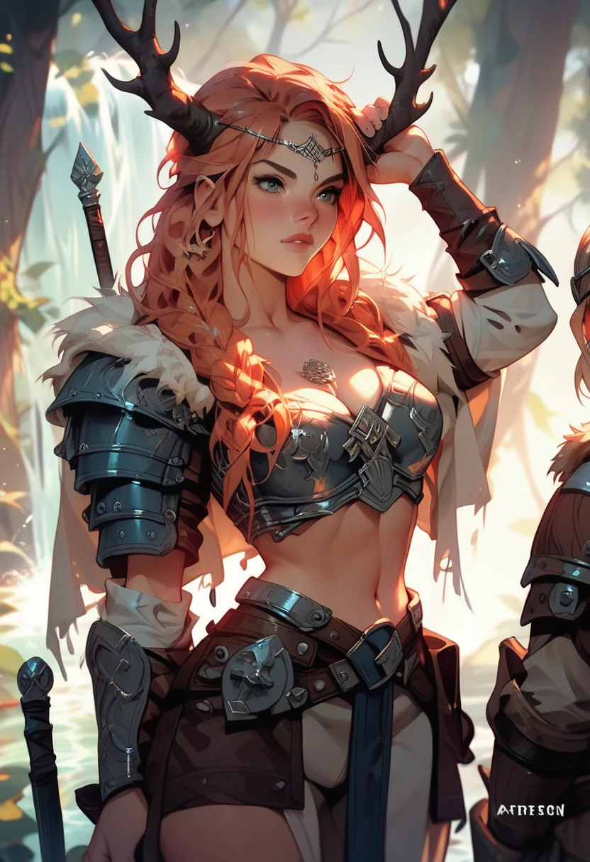 A young woman is dressed in viking armor, with nude hips and chest, she has a sword in hand, under waterfall 