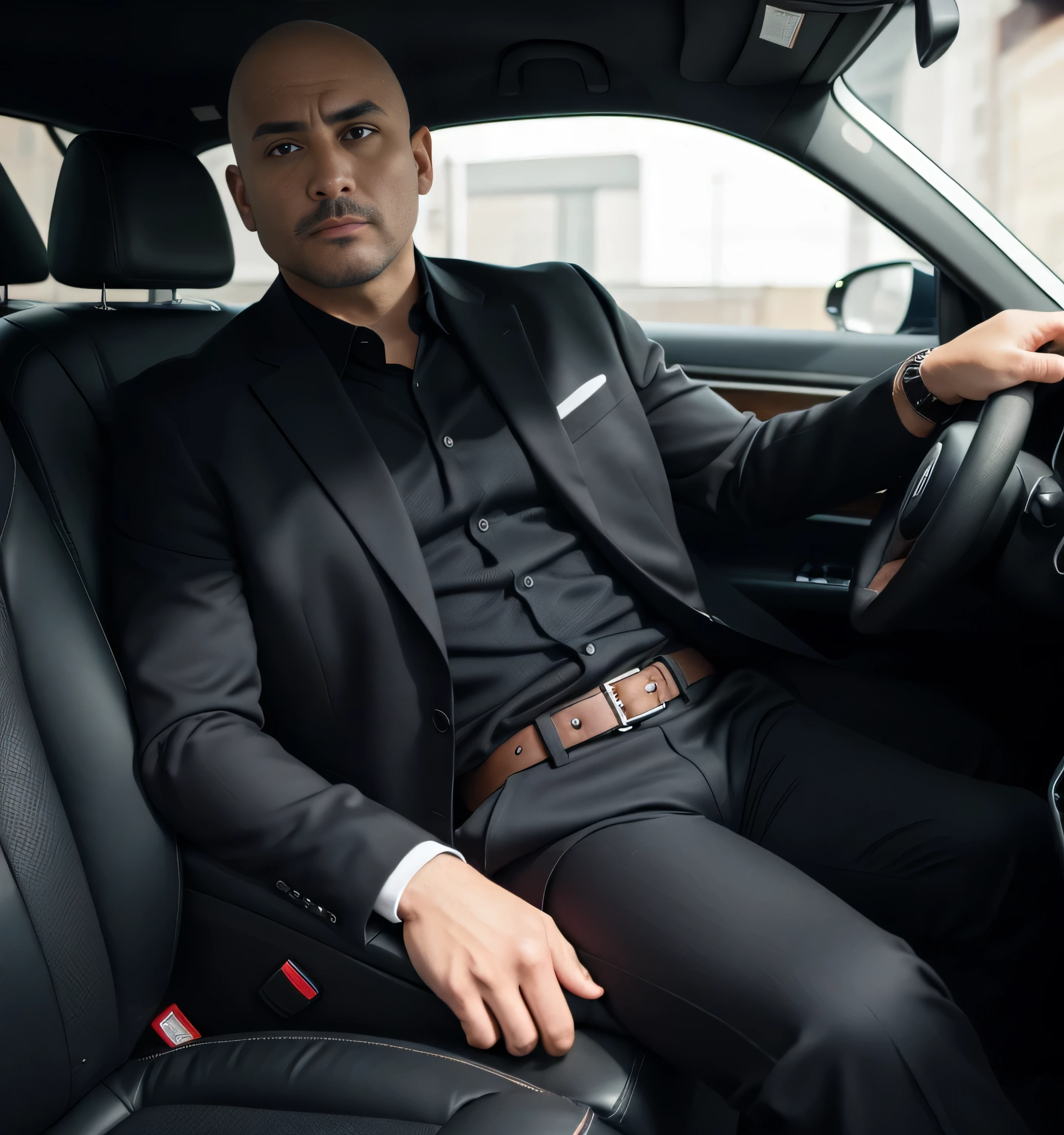 30 years old,One Man,Black Suit,Inside the car、Salaryman、legs wide open、The crotch area of the pants is bulging,logic,Gay ,Short Hair,Short Hair、Stubble,Turk,Black Belt。Handsome