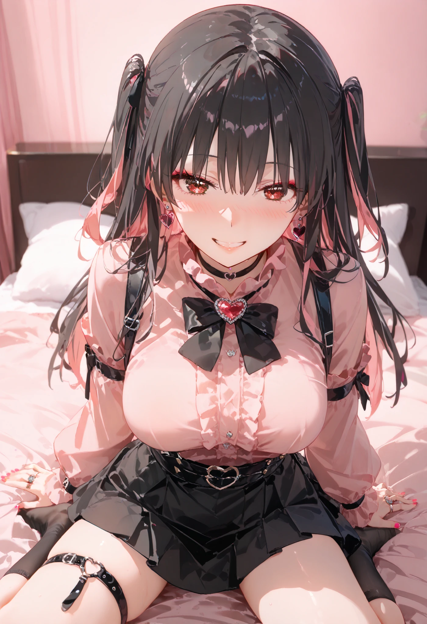  score_9,  score_8_up,  score_7_up,  source_Anime, 8k,   Masterpiece ,  best quality,  ultra detail,  very delicate and beautiful, official style,  depth of writing,  high definition,  very refined ,  complicated,   over detail  ,   perfect anatomy , ( watch viewers:1.3), the above, (( sex:1.2)), ,  wariza,  On Bed , ( hotel room,  Love Hotel, Pink Wall,  Pink Bed Sheets ),  condom wrap ,  pink smartphone , 

BREAK  1 girl, Alone, (輝く瞳、 beautiful eyes ,  round eyes,  smiling gently ),( black hair, Pink Hair,  Bicolor Hair ,  Multi Colored Hair),  long hair, two side up,  black hair bow, red eyes,  red eyeshadow under eyes,  pink cheeks,  Earth system, my_Cute, ( Crossed String Clothes ,  pink shirt ,  Long Sleeve , Frillsed sleeves), Frills,  black bowtie ,   black skirt  , black suspenders, Black socks,   heart brooch , heart earrings, ring, ( Multicolor Nails,  NAIL POLISH ,  PINK NAILS, black nail ), black belt, o-ring thigh strap,  black choker,  smirking 、   mature mature 、y0k4t4, 1 girl