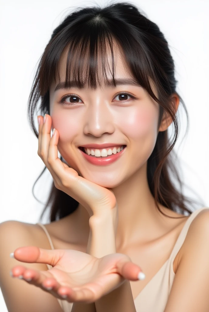 Realistic, high-quality image of a skincare beauty woman with bangs showing an empty palm with copy space for product. The model is an excited, fresh-smiling, mixed-race Asian-Caucasian female with glowing, healthy skin. Her expression is happy and inviting, emphasizing cuteness and freshness. She is isolated on a clean white background, presenting an overall vibe of youth and beauty, ideal for skincare advertising or product promotion