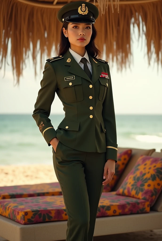 (highres:1.2), Beautiful 19 year old female soldier, camouflage uniform, standing at parade rest, peeing in her uniform pants on purpose, puddle of pee, combat boots and looks into the camera while peeing