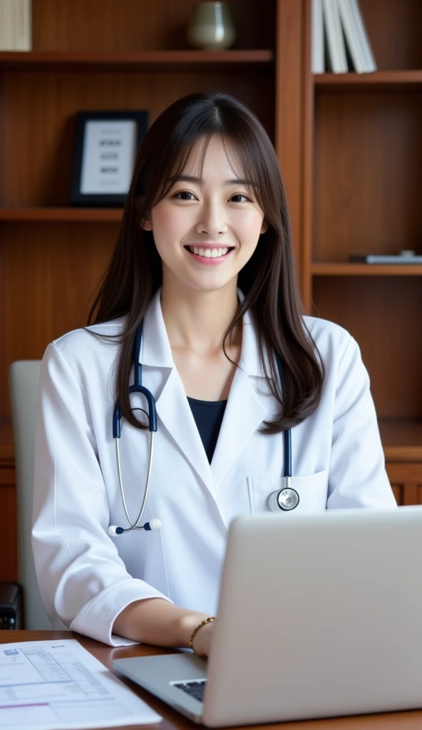 A 30-year-old Japanese female doctor with black hair, wearing a fitted, stylish white lab coat, working on a laptop at her desk in a classic office. She exudes both professionalism and charm, with a warm smile and soft, glowing skin. The office features elegant wooden furniture and a neat, organized atmosphere, with a bookshelf in the background. Medical charts, documents, and a stethoscope are placed neatly on the desk. The doctor’s appearance combines a hint of cuteness with subtle attractiveness, making the scene feel approachable yet professional, perfect for stock photos