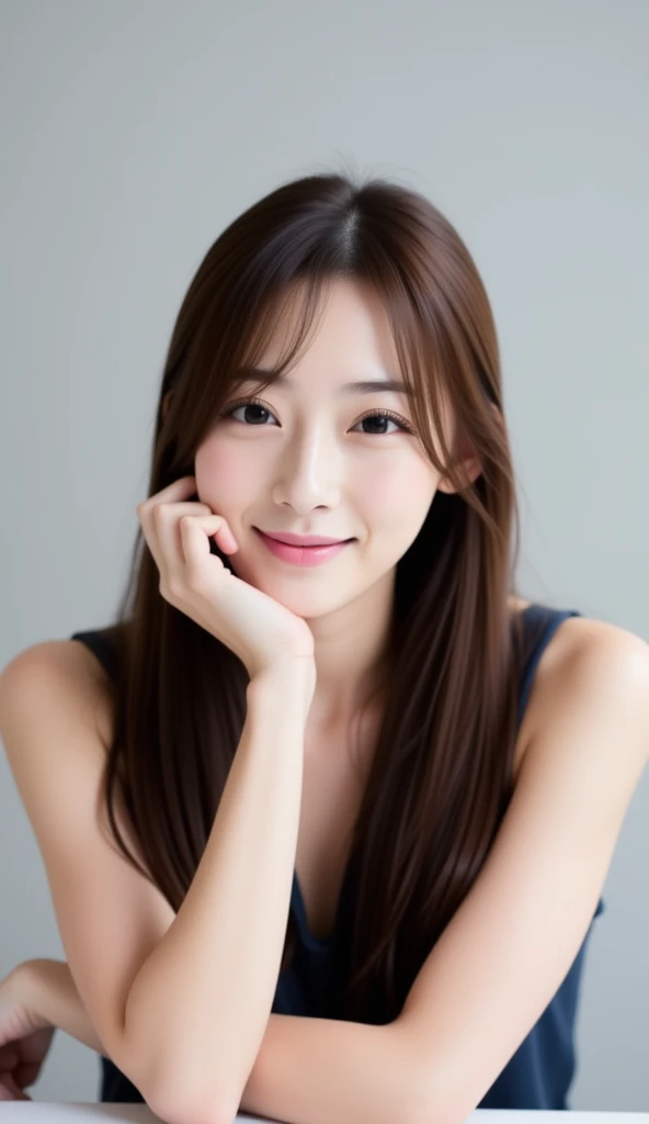 A cute, young Korean woman with long, dark hair smiles gently, resting her chin on her hand. Her natural makeup includes soft pink lips and well-defined eyebrows, giving her an innocent and adorable appearance, typical of a Korean beauty style. The background is a light gray, providing a clean, minimalist aesthetic that highlights her soft facial features. She is wearing a sleeveless, dark top, adding to the simple yet charming and cute look