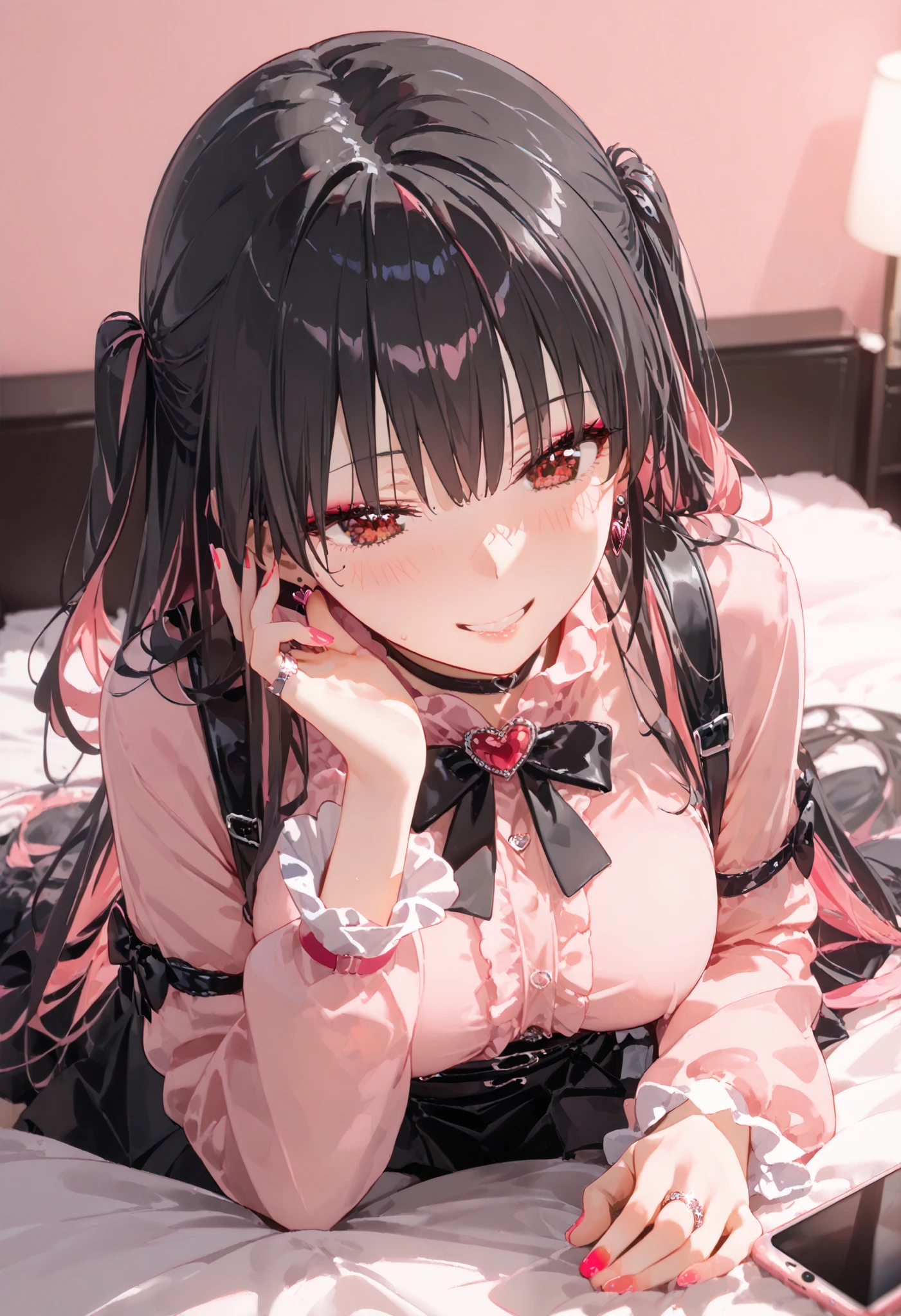 score_9, score_8_up, score_7_up, source_Anime, 8k, Masterpiece , best quality, ultra detail, very delicate and beautiful, official style, depth of writing, high definition, very refined , complicated, over detail , perfect anatomy , the above, (( sex:1.2)), , wariza, On the sofa, ( hotel room, Love Hotel, Pink Wall, Pink Bed Sheets ), condom wrap , pink smartphone ,
BREAK 1 girl, Alone, (輝く瞳、 beautiful eyes , round eyes, smiling gently ),( black hair, Pink Hair, Bicolor Hair , Multi Colored Hair), long hair, two side up, black hair bow, red eyes, red eyeshadow under eyes, pink cheeks, Earth system, my_Cute, ( Crossed String Clothes , pink shirt , Long Sleeve , Frillsed sleeves), Frills, black bowtie , black skirt , black suspenders, Black socks, heart brooch , heart earrings, ring, ( Multicolor Nails, NAIL POLISH , PINK NAILS, black nail ), black belt, o-ring thigh strap, black choker, smirking 、 mature mature 、y0k4t4, 1 girl,
(I'm playing a game with my phone on my side、 looking at my phone:1.3)