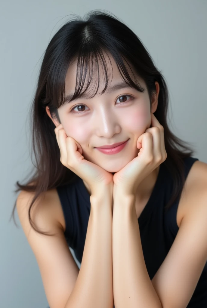 A cute, young Korean woman with bangs, long, dark hair smiles gently, resting her chin on her hand. Her natural makeup includes soft pink lips and well-defined eyebrows, giving her an innocent and adorable appearance, typical of a Korean beauty style. The background is a light gray, providing a clean, minimalist aesthetic that highlights her soft facial features. She is wearing a sleeveless, dark top, adding to the simple yet charming and cute look