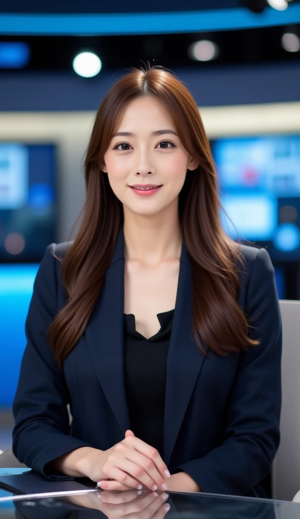 Create an 8K resolution cinematic portrait of a Korean news anchor woman sitting confidently in a modern news studio. She is looking directly at the camera with a poised, professional expression. Her attire is elegant and formal, reflecting her professionalism. The lighting is soft yet cinematic, highlighting her facial features and adding depth to the composition. The studio backdrop includes subtle elements like screens or lights to indicate a live 'on air' broadcast, but remains minimal to keep the focus on the anchor. The overall composition should capture her authority, elegance, and professionalism in a clean, high-quality setting