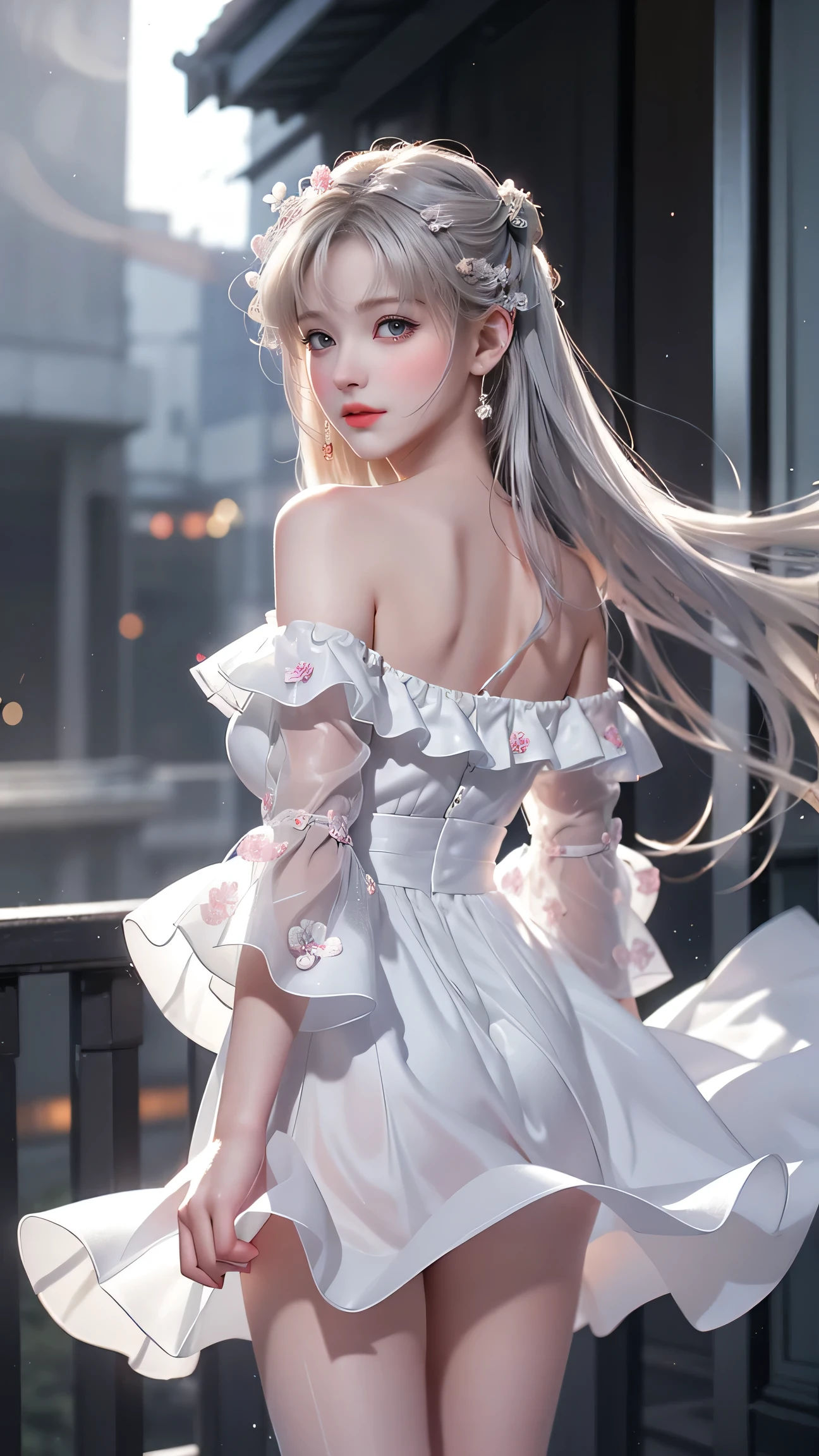 ((best qualtiy)), ((tmasterpiece)), (detail:1.4), Beautiful cyberpunk female images,hdr(HighDynamicRange),Ray traching,NVIDIA RTX,Hyper-Resolution,illusory 5,sub surface scattering,PBR textures,post-proces,Anisotropy Filtering,depth of fields,maximum definition and sharpness,Many-Layer Textures,Albedo e mapas Speculares,Surface coloring,Mitsu-Accurate simulation of material interactions,perfectly proportioned,rendering by octane,Two-colored light,largeaperture,Low ISO,White balance,Rule three points、8K raw data、Beautiful bright blue pupils,off-the-shoulder clothes,Fine pupils,Delicate face and eyes,long eyelasher,Blushlush,Delicate and fluffy hair,pink lip,Pure,Cute face,Sweet girl,Artistic sense,Casual wear,Advancedsense,butterflys,Cherry blossom petal,Beautiful hair accessories,Long hair and waist,Hair fluttering in the wind,Snow-white fox ears,curlies,Snow-white fluffy tail,Positive light,The light from the back window is backlighted