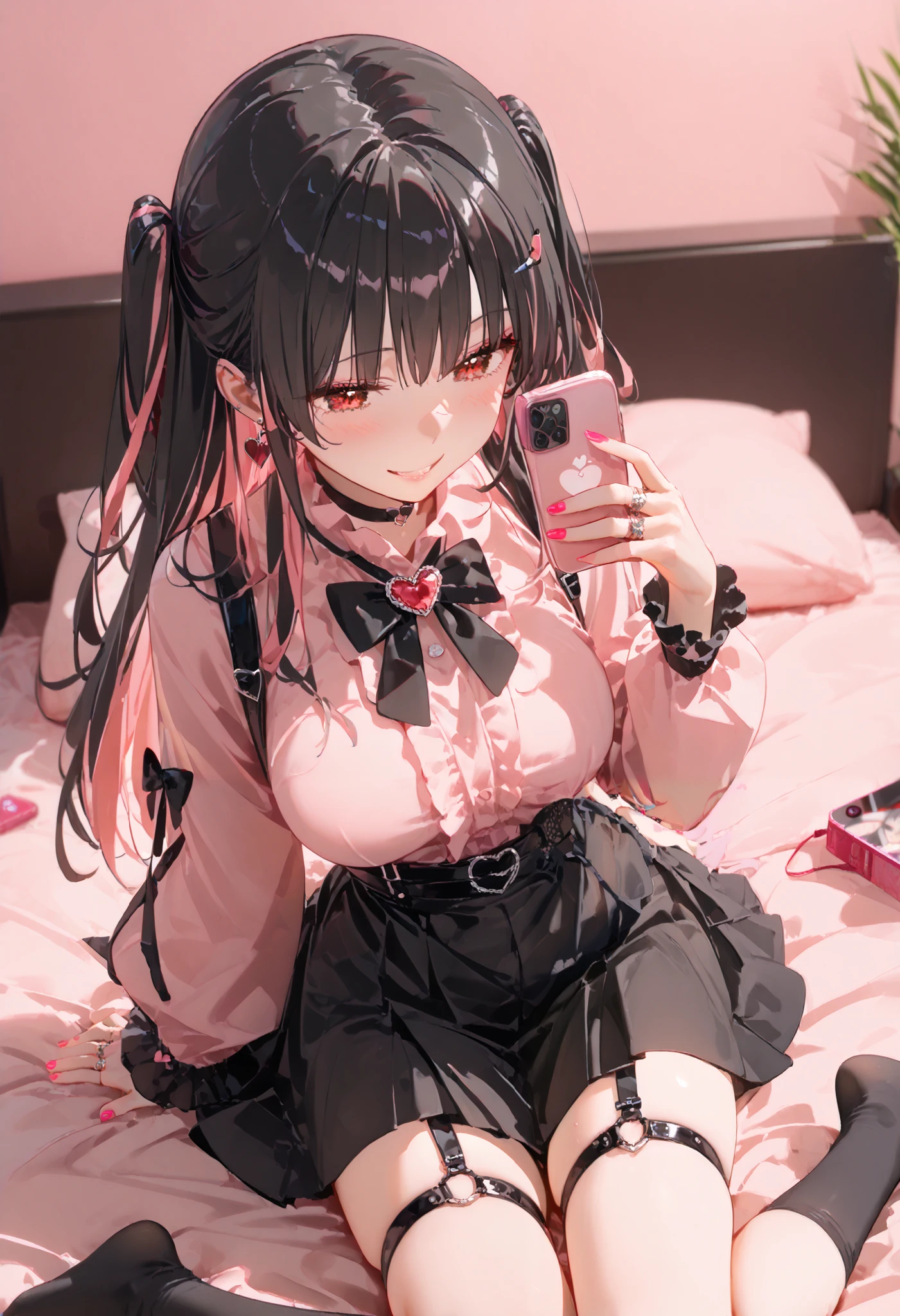score_9, score_8_up, score_7_up, source_Anime, 8k, Masterpiece , best quality, ultra detail, very delicate and beautiful, official style, depth of writing, high definition, very refined , complicated, over detail , perfect anatomy , the above, (( sex:1.2)), , wariza, On the sofa, ( hotel room, Love Hotel, Pink Wall, Pink Bed Sheets ), condom wrap , pink smartphone ,
BREAK 1 girl, Alone, (輝く瞳、 beautiful eyes , round eyes, smiling gently ),( black hair, Pink Hair, Bicolor Hair , Multi Colored Hair), long hair, two side up, black hair bow, red eyes, red eyeshadow under eyes, pink cheeks, Earth system, my_Cute, ( Crossed String Clothes , pink shirt , Long Sleeve , Frillsed sleeves), Frills, black bowtie , black skirt , black suspenders, Black socks, heart brooch , heart earrings, ring, ( Multicolor Nails, NAIL POLISH , PINK NAILS, black nail ), black belt, o-ring thigh strap, touch the black choker , smirking 、 mature mature 、y0k4t4, 1 girl,
(I'm playing a game with my phone on my side、 looking at my phone:1.3)