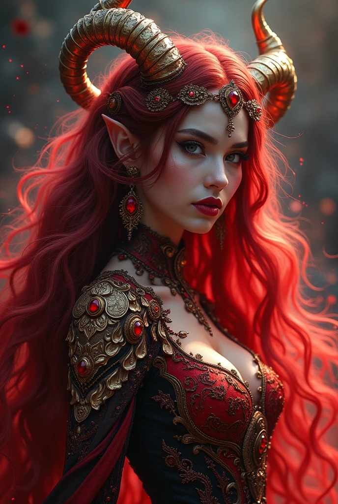 Create a highly detailed fantasy portrait of a regal figure adorned with ornate, demonic-inspired attire. Replace the dominant blue tones with vibrant red, incorporating shades of crimson, ruby, and scarlet. The character should have intricate, curved horns crafted from gold and red accents, embellished with fiery gemstones. Their flowing hair and ethereal, mist-like elements surrounding them should also be hued in varying shades of red, symbolizing flames or embers. The clothing should be an elaborate mixture of dark and metallic reds, with glowing details and textures resembling molten lava. Maintain a mystical and dramatic atmosphere with soft lighting and subtle sparkles for depth.