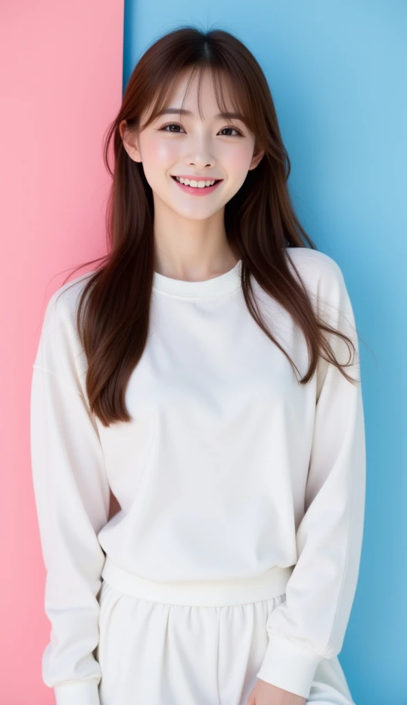 Create a portrait of a young, incredibly cute Asian woman with soft, natural makeup, wearing a trendy, sporty outfit in modest, all-white clothing. She poses sweetly against a pastel pink and blue background, inspired by K-pop aesthetics. Her makeup is subtle, enhancing her natural beauty without being overpowering. The outfit is stylish yet fully non-revealing, emphasizing her innocence and charm. Her expression radiates joy and cuteness, with a warm smile and bright, expressive eyes. The soft pastel tones in the background complement her cheerful, adorable presence, making her the epitome of sweetness and modesty in a K-pop-inspired fashion scene