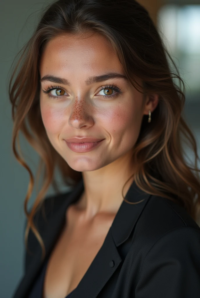 wide-shot, a woman, (freckles:0.9), depth of field, business woman