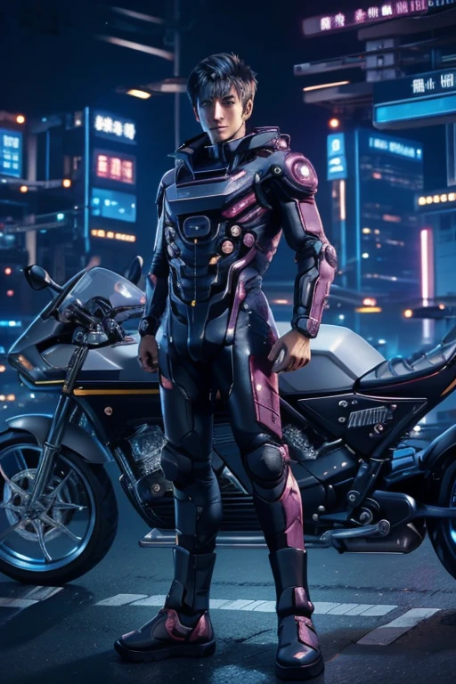  handsome young man ,   very short hair  ,  Bodysuit , 未来主义科幻 cyberpunk背景.there are men in uniforms standing next to a motorcycle, 受 Adrian Zingg 启发的 cyberpunk艺术, shutterstock,  conceptual art , dressed in tech suit and armor ,  cyberpunk服装,  cyberpunk, Network Service, Movie Blu-ray, 未来主义科技服装,  shooting in a space tech suit , 坐在 cyberpunk摩托车上, diverse Network Service, Full Body Mechanical Bodysuit  , , character design man
