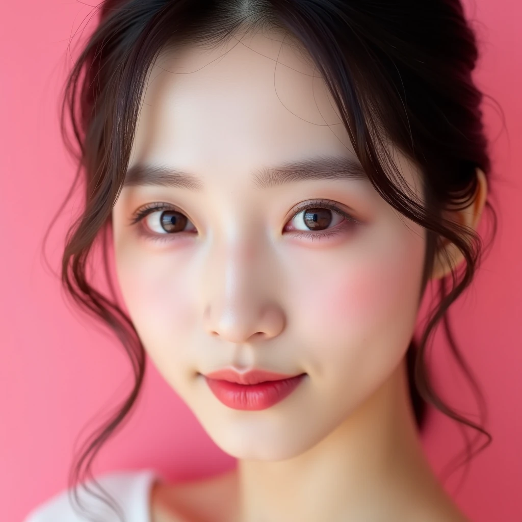 Close-up photo of a beautiful 20-year-old japanese girl. Photorealistic image. Pink background. The most beautiful woman in the world, a masterpiece.