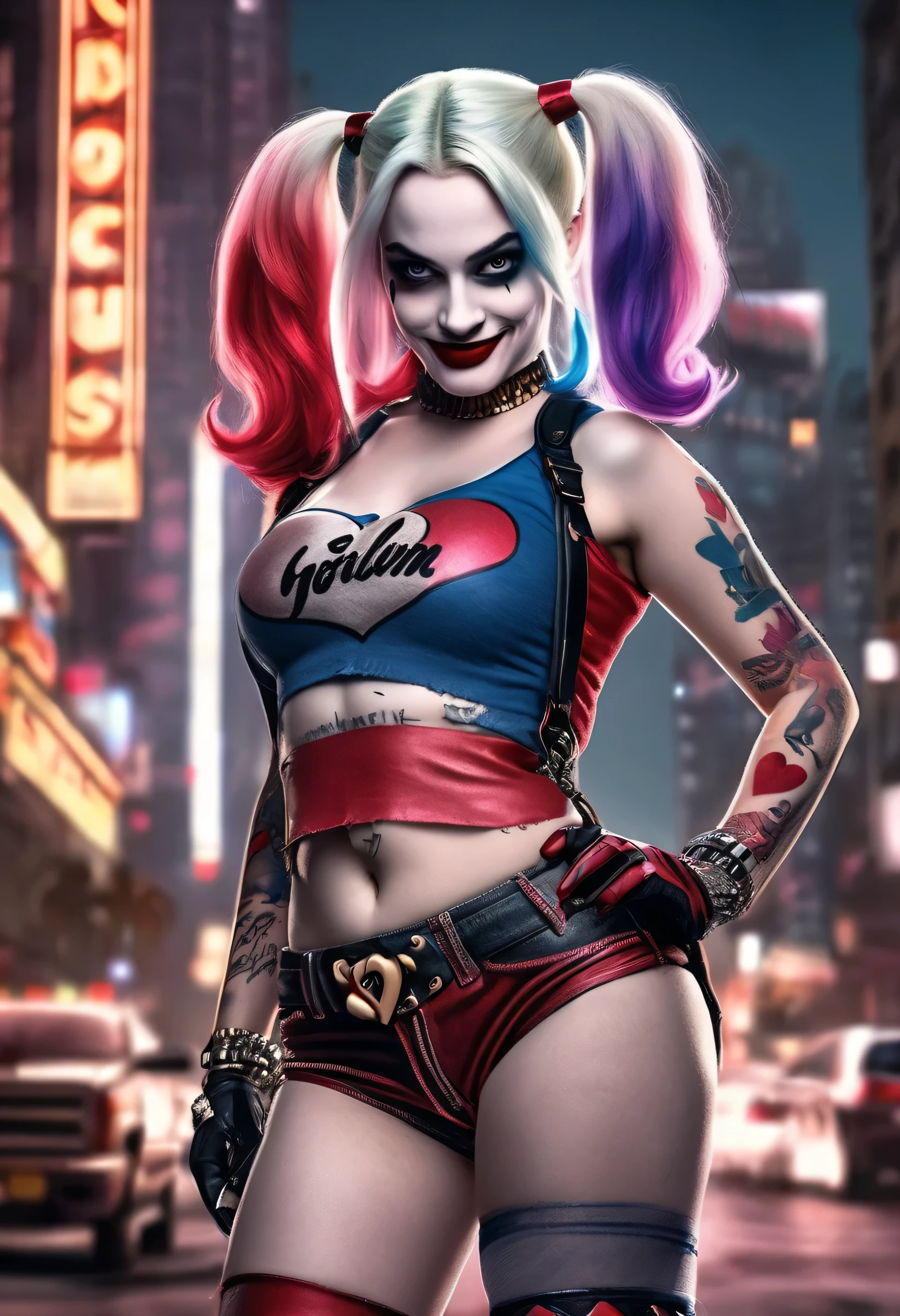 Ultra realistic HDR image of Harley Quinn with colored hair and makeup with heart tattoo and red lipstick and the body of a porn actress with big breasts and thick thighs she is wearing denim shorts and pink cropped and is walking in Gotham 