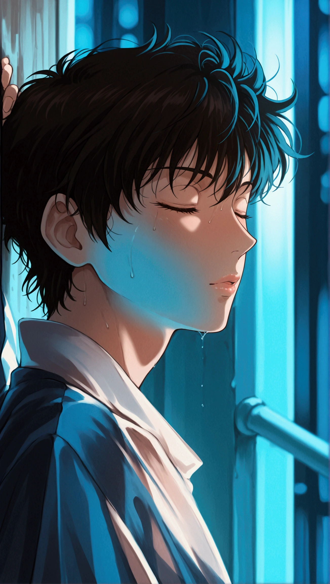 Create an intense, evocative portrait in the Japanese retro anime style of the 80s and 90s. The scene features a male bathed in deep blue light, leaning against a wall with her arms raised, eyes closed in a moment of raw emotion. Her attire is minimal, accentuating the curves of her body and the dramatic shadows cast by the lighting. The background is stark, with sharp contrasts highlighting the contours of her form. The blue and black palette intensifies the mood, evoking a sense of mystery and allure. Subtle film grain and meticulous shading add depth and texture, emphasizing the emotional gravity of the scene. The lighting creates a chiaroscuro effect, accentuating her expressive pose and the intense atmosphere.