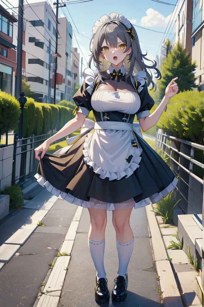 a solo cute femboy , stelle hsr ,gray hair, long hair, yellow eyes, large breasts ,open mouth, wearing japan maid dress , black pantyhose , wearing a sneaker , in front of a house at morning time.