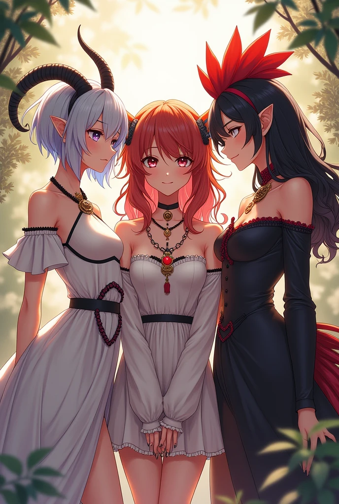 a group of beautiful witch girls in the middle of a forest in the night, standing girl , red and black hair, red eyes, young girl,scantily clad , small breasts, short black dress, necklaces, jewelry decorations, exposed shoulders light dress, transparent dress, girls standing in the middle of the forest , bracelets, earrings, completely naked tribal tattoos, three girls, blonde hair, black hair , red hair, smile