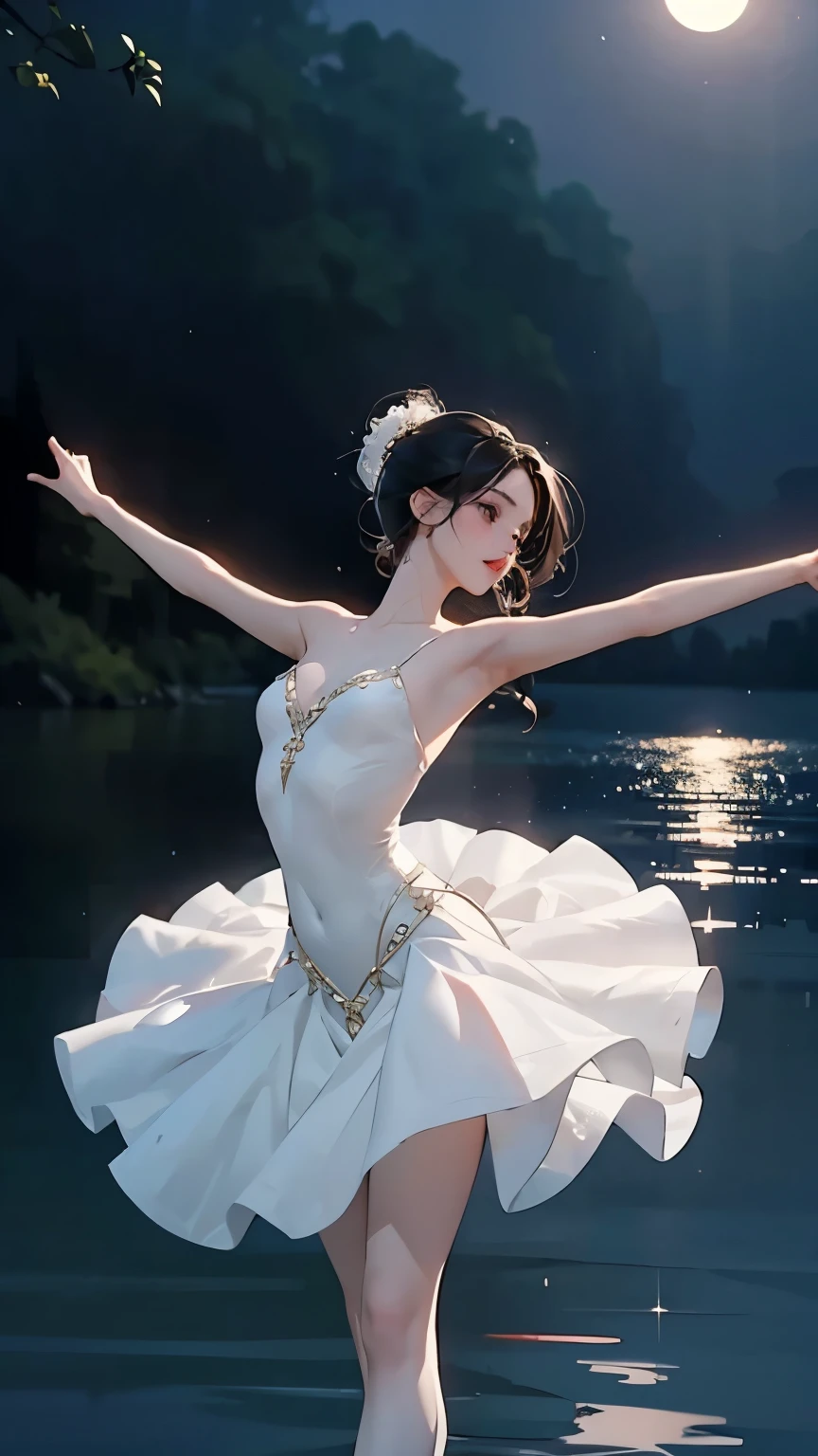 ( A quiet twilight lake shining in the moonlight 、Draw a scene of a lake )、( A beautiful young woman is dancing ballet on the surface of the water)、 arabesque pose、(Draw the whole body)、 dressed in intricate details 、 Actually, a young woman is an incarnation of a swan 、 draw details accurately、 her supple figure 、Beautiful ballerina with gracefully outstretched arms 、 A tutu with a beautiful design 、Reflects like a mirror on the lake surface 、 fantastic。Dramatic lighting、Sparkle、 RAW photo、masterpiece、wallpaper、 High Quality 、High image quality、8k、