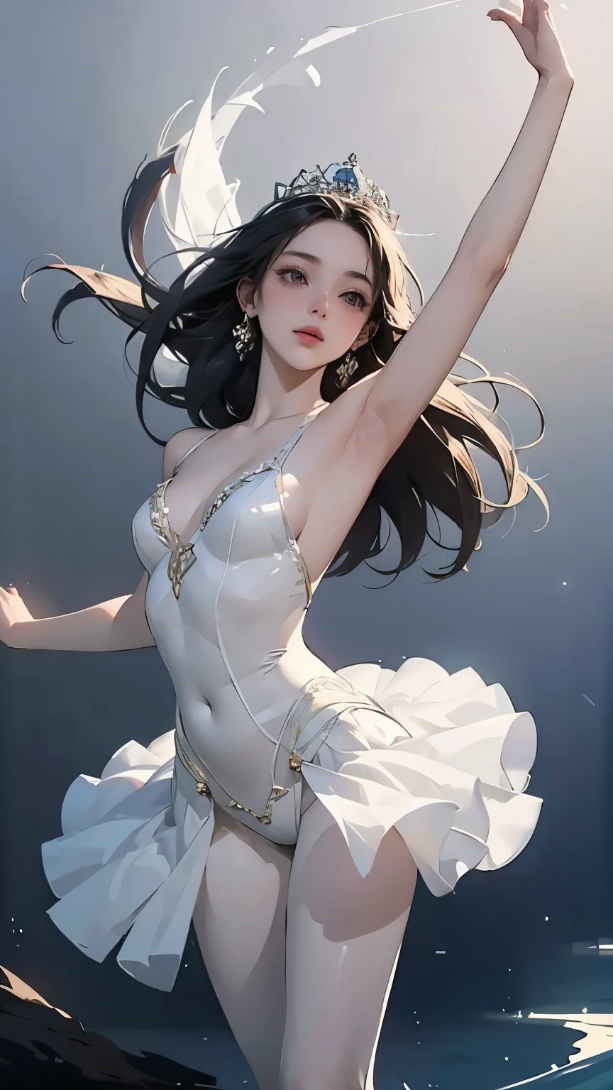 ( A quiet twilight lake shining in the moonlight 、Draw a scene of a lake )、( A beautiful young woman is dancing ballet on the surface of the water)、 arabesque pose、(Draw the whole body)、 dressed in intricate details 、 Actually, a young woman is an incarnation of a swan 、 draw details accurately、 her supple figure 、Beautiful ballerina with gracefully outstretched arms 、 A tutu with a beautiful design 、Reflects like a mirror on the lake surface 、 fantastic。Dramatic lighting、Sparkle、 RAW photo、masterpiece、wallpaper、 High Quality 、High image quality、8k、
