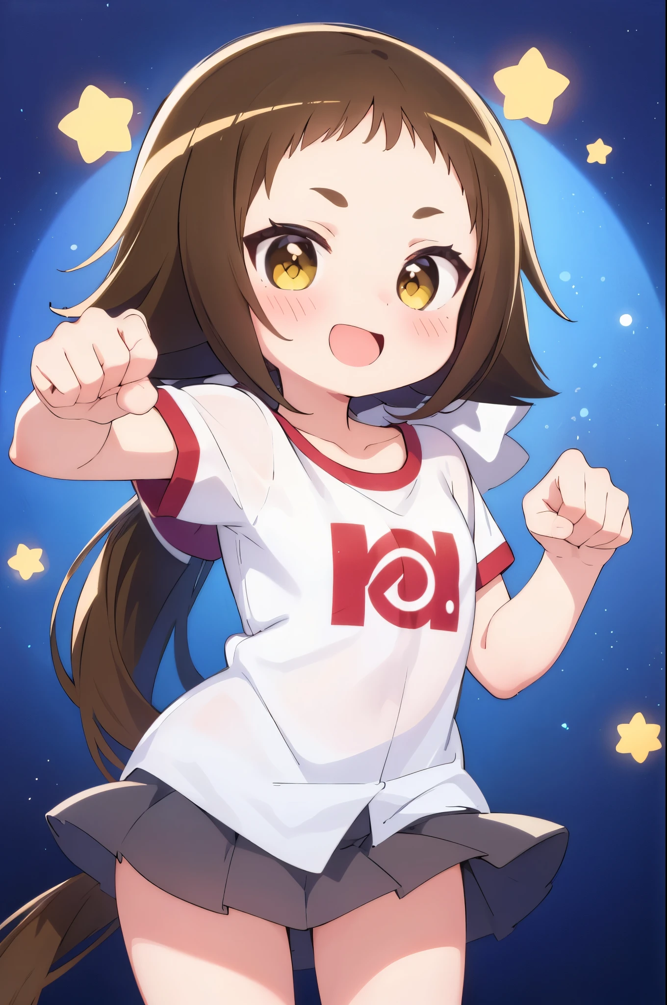 (((((**** face))))),(((((Mimine Mashiro))))),(((((paw pose))))),(((Star pattern background))),(((many spoken heart))),((( ponytail))),((( smaller))),((( embarrassing))),(((((blush))))),((( yellow eyes))),(((((ピンク色のT-Shirts))))),((((( Super Miniskirt ))))),(((((Short sleeve))))),(((((T-Shirts))))),((((( is short))))),((( white skin))), panties visible ,((((( s体型))))),(((((Thighs))))),((((( s))))),( chibi),( best quality),masterpiece, best quality, high definition , Very detailed,ultra  high definition ,One person, I feel the audience ,Detailed costume, skin texture, movie lighting, professional lighting,((((( s))))), white panties,( flat chested),(a bit),cute,(((smile))),(((Brown Hair))), open mouth,fang