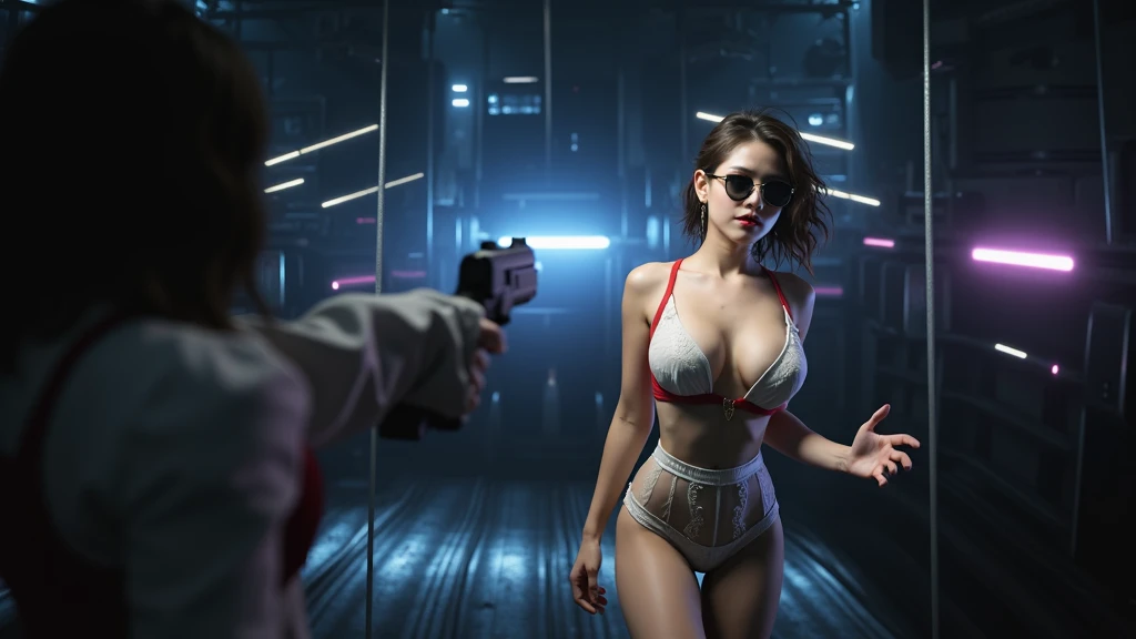A sexy young woman wearing a black suit and dark glasses stood still, (holding a short gun), large-breast cleavage. The background is full of Sparkling, colorful electricity and colorful visual effects. Realistic style and high definition Dynamic poses and stunning lighting.