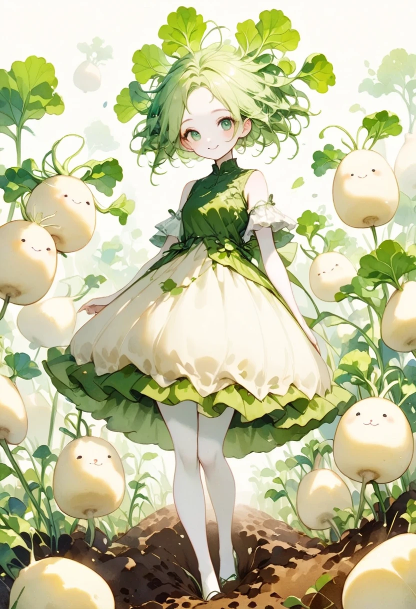 (masterpiece, best quality:1.2), A cute daikon lady, green hair, green eyes, pure white skin, wearing dress made of daikon skin, legs, smile, standing in the soil, looking at the camera. fantasy art, watercolor painting