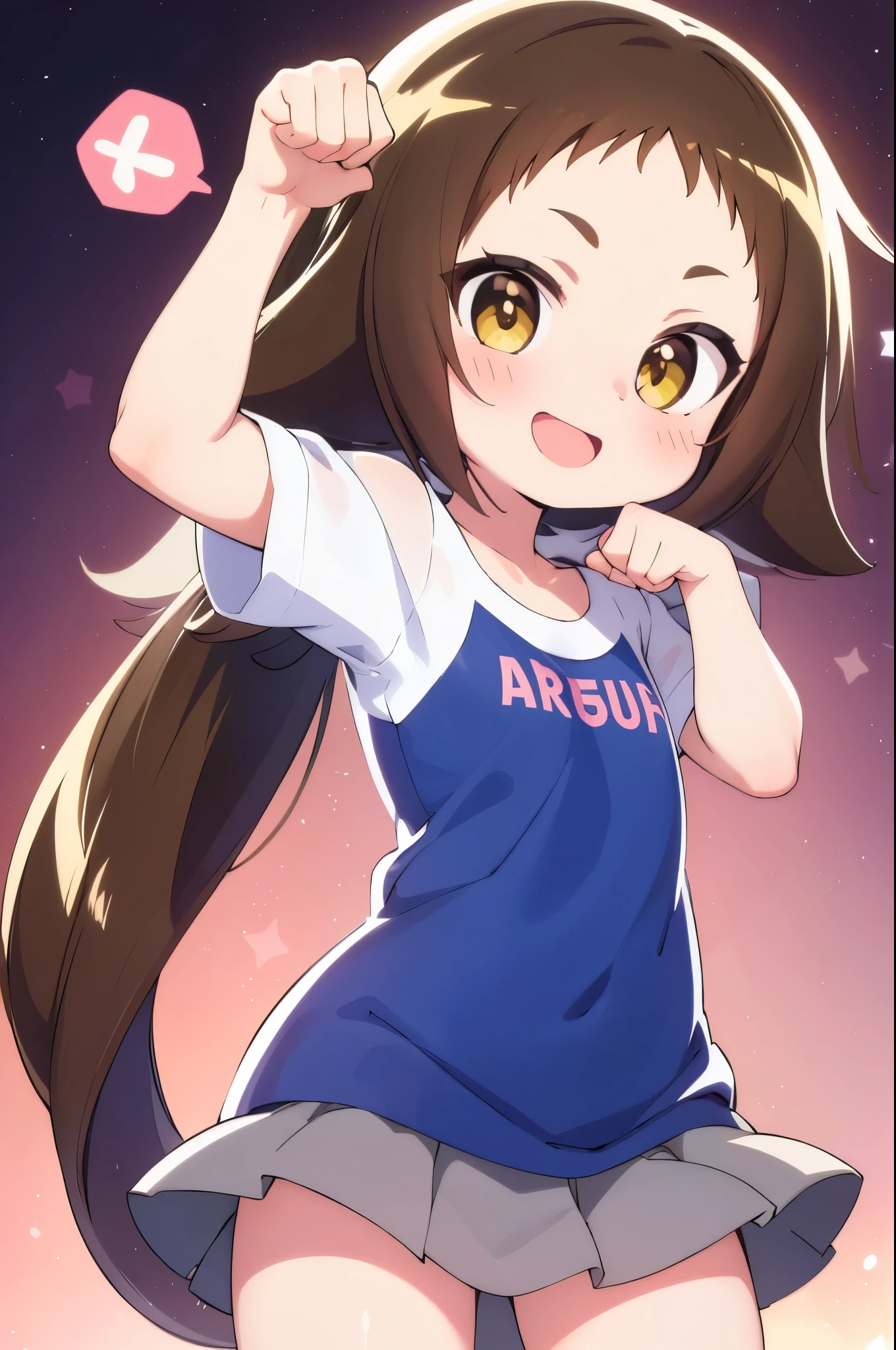 (((((**** face))))),(((((Mimine Mashiro))))),(((((paw pose))))),(((Star pattern background))),(((many spoken heart))),((( ponytail))),((( smaller))),((( embarrassing))),(((((blush))))),((( yellow eyes))),(((((ピンク色のT-Shirts))))),((((( Super Miniskirt ))))),(((((Short sleeve))))),(((((T-Shirts))))),((((( is short))))),((( white skin))), panties visible ,((((( s体型))))),(((((Thighs))))),((((( s))))),( chibi),( best quality),masterpiece, best quality, high definition , Very detailed,ultra  high definition ,One person, I feel the audience ,Detailed costume, skin texture, movie lighting, professional lighting,((((( s))))), white panties,( flat chested),(a bit),cute,(((smile))),(((Brown Hair))), open mouth,fang