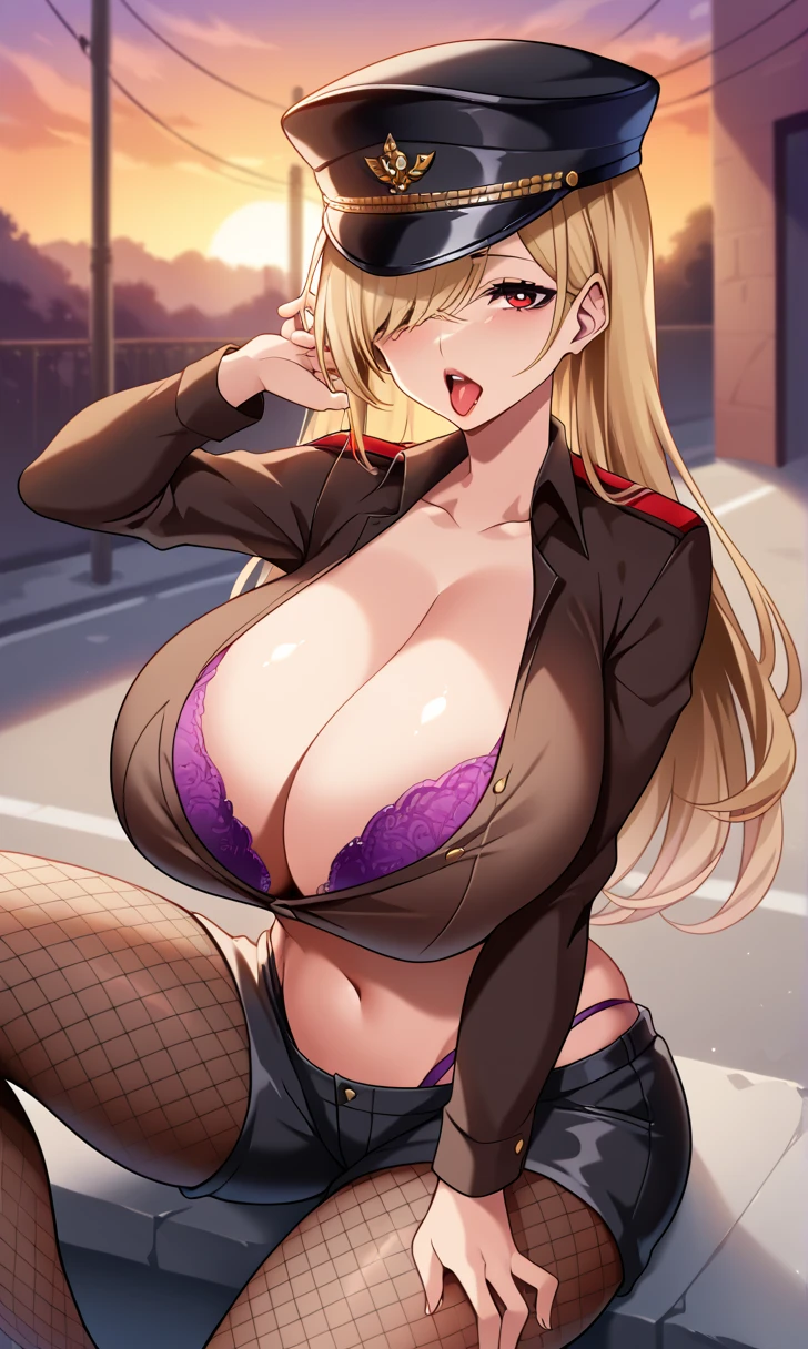 Masterpiece, top-quality, ultra-definition, 2D, high quality, extremely detailed, 4K,8K, sharp focus, source_anime, Hz style, 1girl, huge breasts, open mouth, sticked tongue out, invite to suck, invite to blowjob, long hair, midriff, pink lips, crop top, no bra inside shirt, belly, navel, thong, blonde hair, black hat, side swept bangs, bangs cover one eye, collarbone, red eyes, purple eyeshadow, black military outfit, unbuttom shirt, military hat, black headwear, peaked cap, huge breasts, gigantic breasts, large breasts:2.7, cleavage, mature body, hourglass figure, curvy figure, bimbo body, milf, front side view,looking at viewer, close up, nsfw, hentai, glamorous, black shorts, short shorts, fishnet tights, see-through black tights, spreading legs wide, sexy sitting pose, sitting, front view, close up, at street, black lace panties, pelvic focus, holding a purple bra, lace purple bra,take off and show her bra, outdoor, evening time, evening sky, evening atmosphere