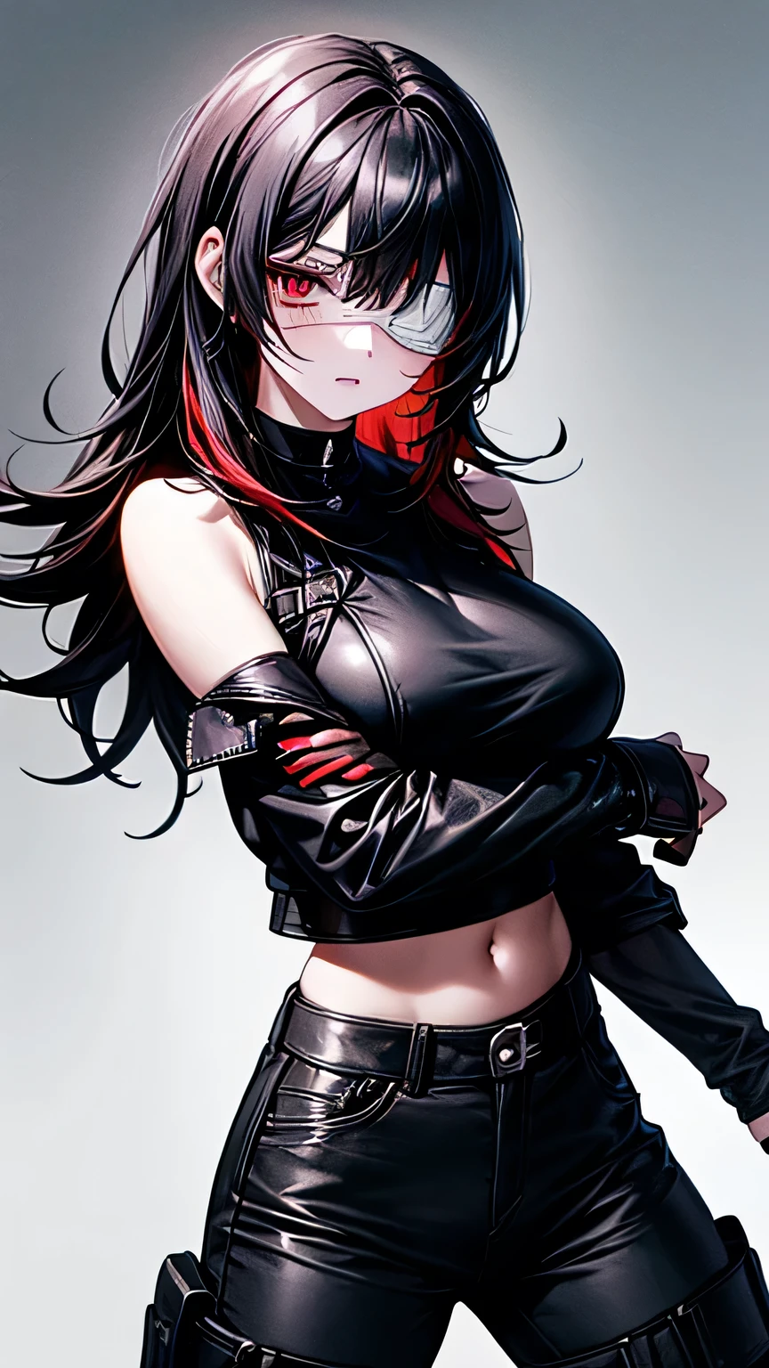  one girl，black hair(Partially red ), mullet， eyepatch(Right eye only), red eyes(left eye only), half-closed eyes(left eye only), choker，  black leather jacket， black tank top ，Big Breasts， Black Gloves ，black long leather pants， black boots，Background white， best quality, high details