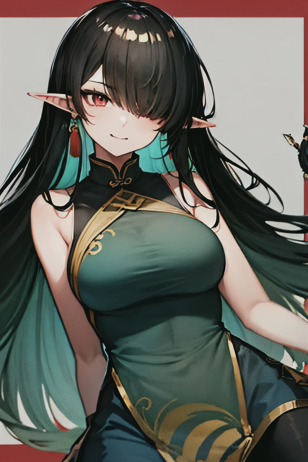 black_hair, long_hair, pointy_ears, multicolored_hair, jewelry, earrings, red_eyes, sleeveless, colored_skin, streaked_hair, Big_breasts, elf_girl, very_long_hair, hair_over_one_eye, half_body, green_hair, tassel_earrings, closed_mouth,glowing, no face, long hair, tall, ((mature, smirk,)),red_cheongsam,Hime_cut_hair_style