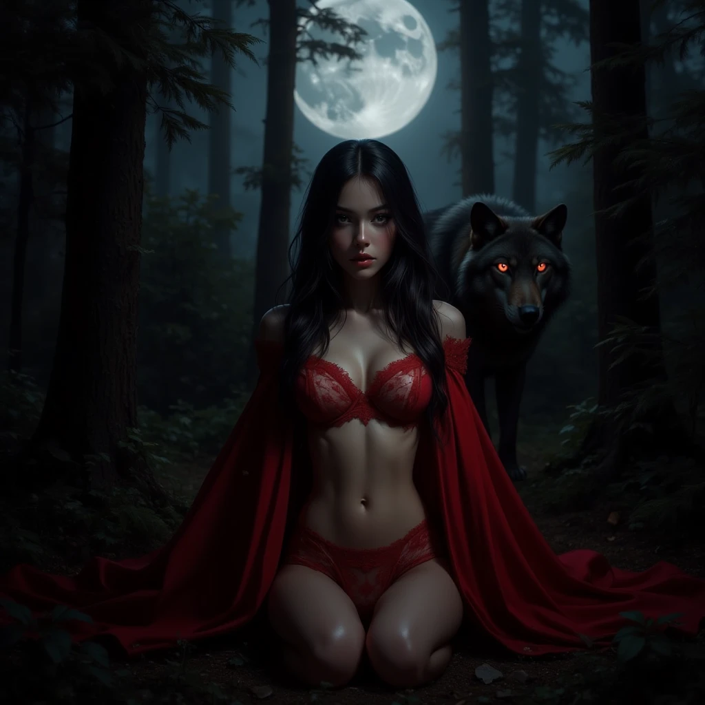  We are in a dark forest at night with a full moon .  Entangled in the branches of the trees you can see a red cloak ,  fallen to the ground there is a beautiful woman with long black hair ,  wearing transparent red lace lingerie that highlights her athletic body. front view.  In the background you can see the red eyes of an ominous wolf .  Digital art in Luis Royo style , Fhd 4k, HDR. perfect anatomy . No double moon .