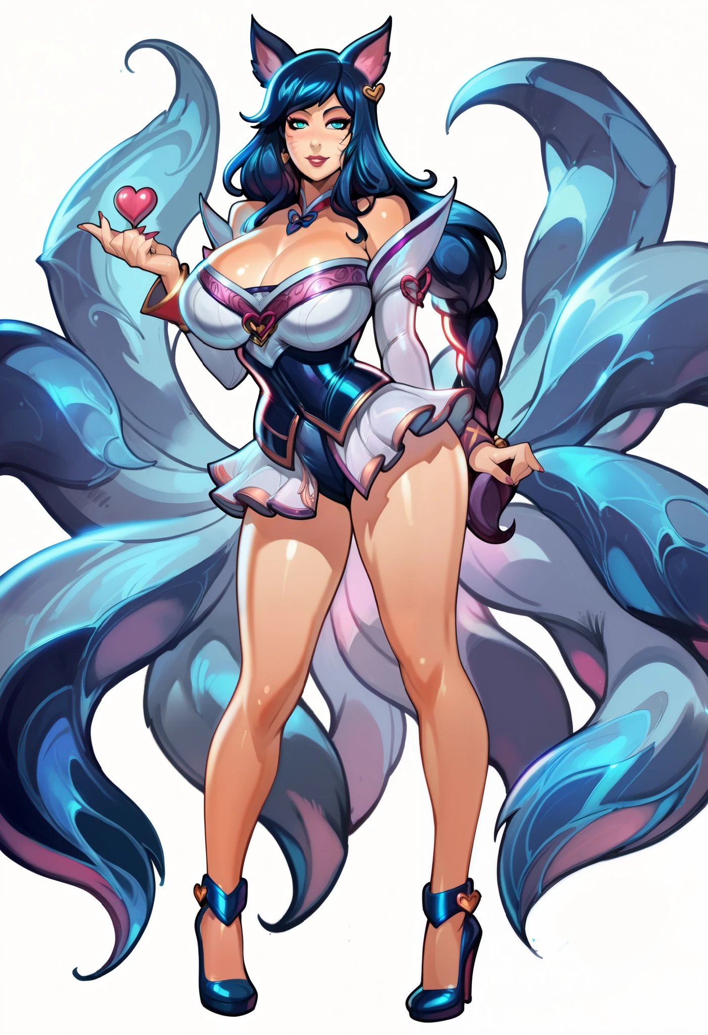 (masterpiece, official art), 1girls, solo, curvaceous, blue eyes, long hair, ahri, ahrikdaallout, fox ears, fox tail, multiple tails,  high heels, closeup, portrait, huge breasts, standing, view from front, simple background, looking at viewer, upper body, smile, seductive, alluring attire, art by reiq