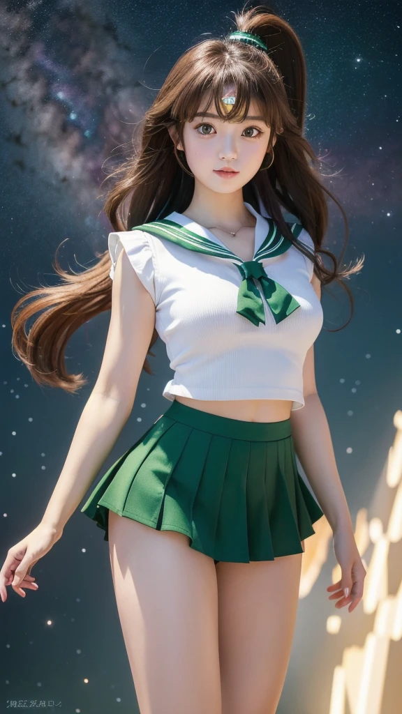     Masterpiece  ,   are high resolution   ,8k resolution, high definition model, Sailor Moon Jupiter ,    Beautiful Young Japanese Woman   ,1 person, Stunning High, Little Smiles  , cowboy shot,Jupiter and Space Background   ,(   Green Sailor Warrior Uniform  ),    Green Ultra Short Mini Skirt   ,   beautiful face,  cute type,baby face,Slightly round face,Beautiful green eyes,   big eyes,Obvious double,  shining eye highlight,     Big Natural Colored Lips     , Light brown long hair ,   ponytail,   Beautiful Asymmetric Bang    ,    Floating Hair Nova Frog Style ,    super real,   anatomically accurate   , textured skin,     Perfect Figure   ,   beautiful legs,   thick thighs  ,Big Breasts,  balanced figure,