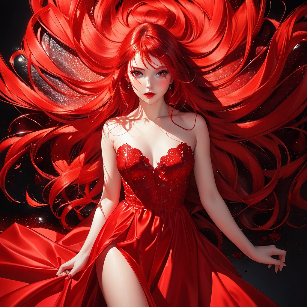 cute beauty, striking red eyes, glossy silky red hair, amorous and lewd expression, red dress, perfect proportions, delicate and dynamic textures, contrasts of light and shadow, 2.5D, artistic photography, hyper realistic, graphic CG digital art, ultra detailed, absolutely resolution, best quality