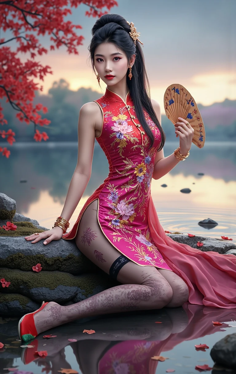 (photorealistic :1.3), epic masterpiece, intricate detail, abstract light and shiny, abstract acrylic, splash, full body view, long flowering hair adorned with flowers, Chinese beauty, red bellyband, large oversized thin red satin pantie, holding a traditional Chinese fan, looking at the viewer, chinese kintsugi patterns, minimalist, cherry blossom, old stone steps , old gate, old stone house, spring wells, gold kintsugi and splash effects background, realistic textures.