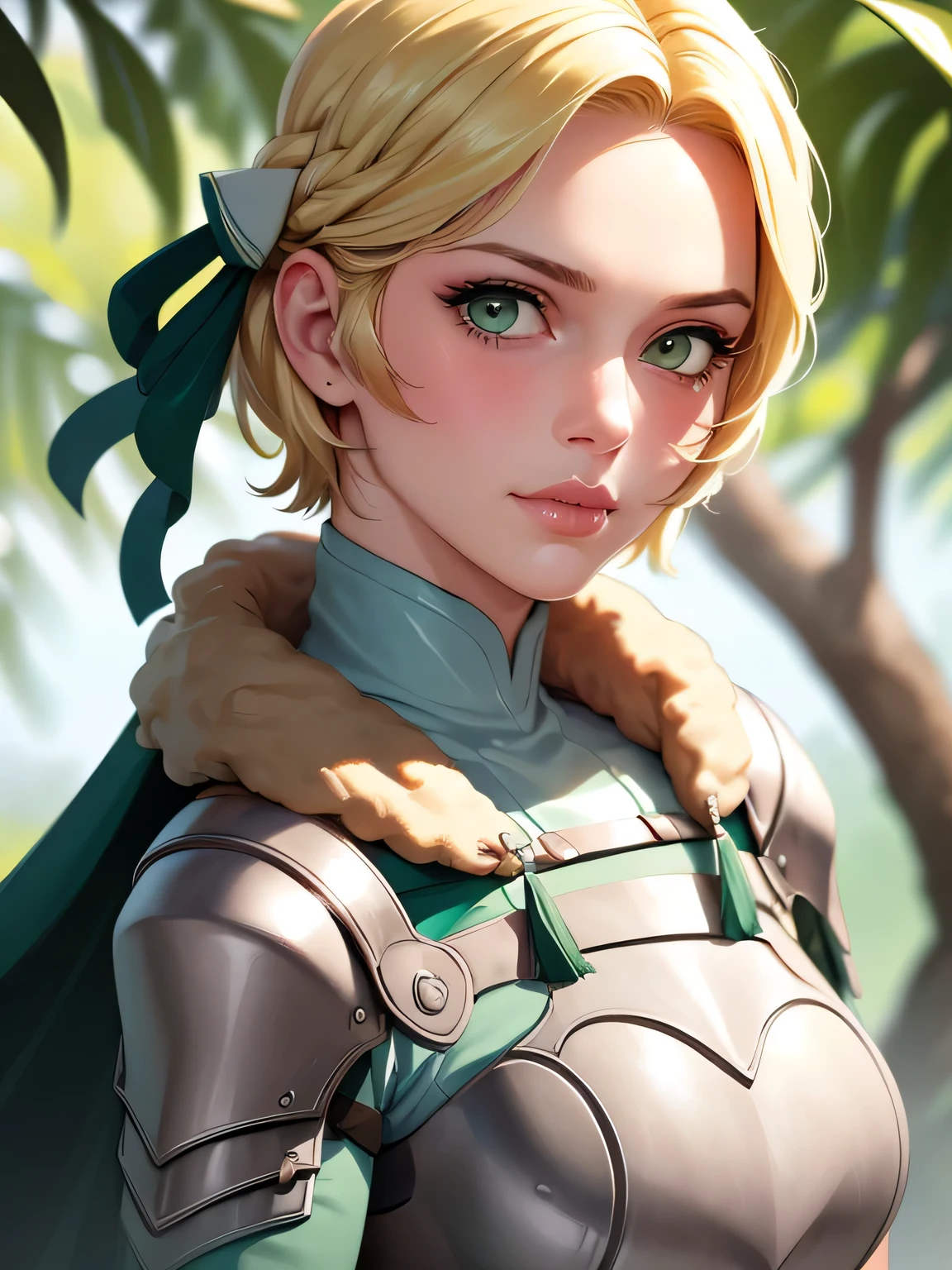 warIngrid, waringrid, very short hair, very short hair, hair ribbons, hair accessories, hair ribbons, hair accessories, shoulder armor, armor, breastplate, underbust, green coat, fur trim, vambraces, blue gloves, green cape, (masterpiece, best quality, ultra-detailed), stable, blushing, very sexy smile, facing viewer, facing viewer, very cute nose, extremely heavy eyeshadow, extremely heavy makeup, extremely heavy eyeshadow, extremely heavy makeup, glistening skin, glistening skin, shiny skin, shiny skin, extremely thick lips, extremely glossy lips, extremely pouty lips, extremely thick lips, extremely glossy lips, extremely pouty lips, extremely thick lips, extremely glossy lips, extremely pouty lips, extremely pretty, extremely beautiful, extremely elegant, extremely pretty, extremely beautiful, extremely elegant, supermodel face, supermodel face, supermodel face, supermodel face, very extreme close up, very extreme close up, very extreme close up, very extreme close up, very extreme close up, very extreme close up, very extreme close up, very extreme close up, very extreme close up, very extreme close up, very extreme close up, very extreme close up, upper body shot, upper body shot, upper body shot, upper body shot,