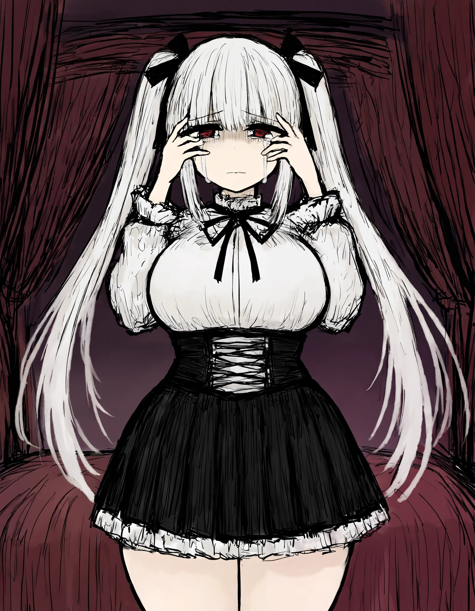 Masterpiece,detailed,best quality,perfect face,1girl,(cute face),goth ta,curvy body,hourglass body shape,big breasts,chubby waist,thick thighs,wide hips,sad,tears falling,vampire girl,red eyes,white hair,hair twin tails,very long hair,black red clothes,corset,white blouse,2 color clothes,double Layer Pleated Skirt,tight clothes,cowboy shot,sketch drawing,monochrome,hands on her eyes,royal bedroom,18th-century furniture,looking viewer,night,lean on the bed,hands on her eyes
