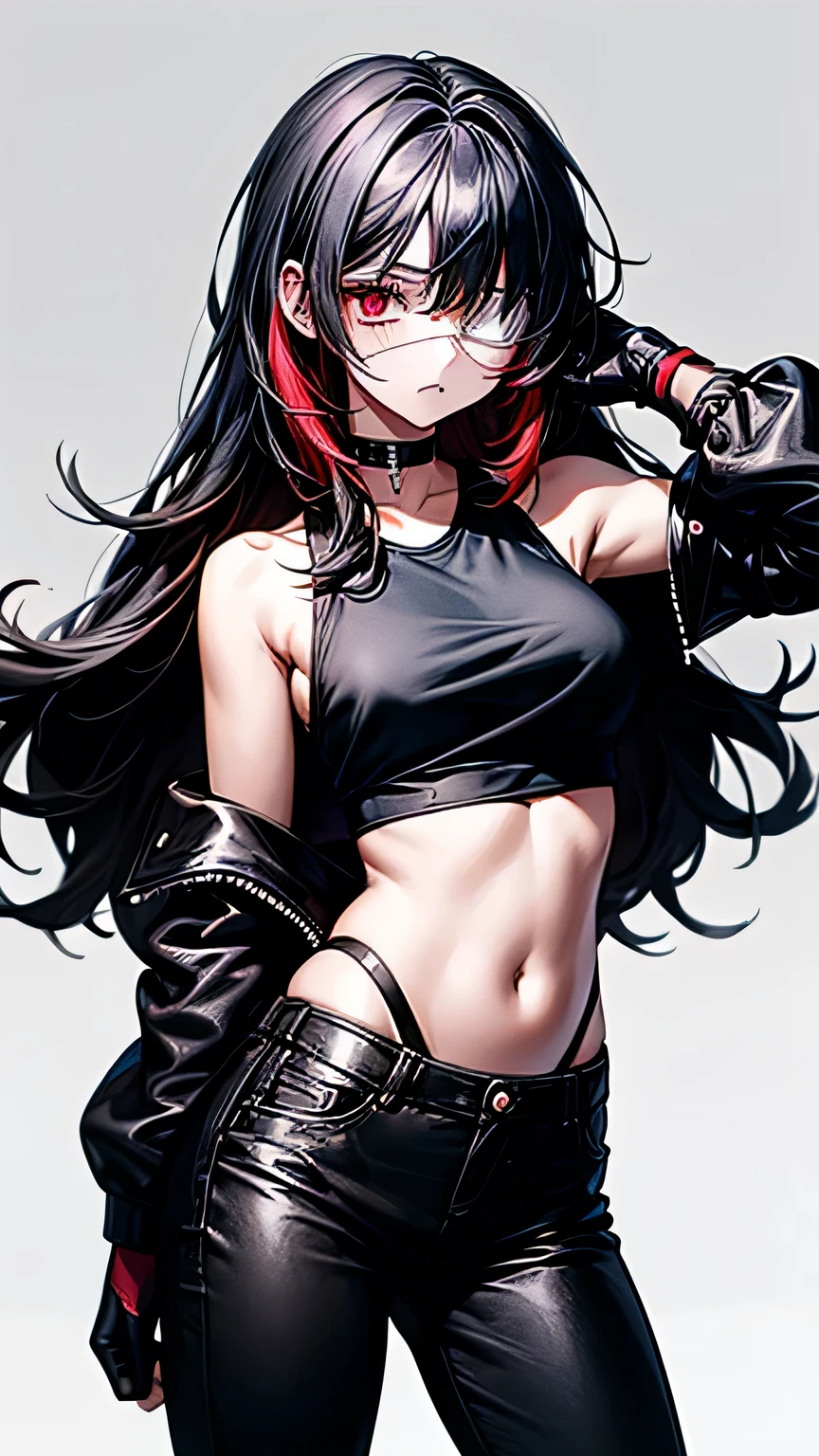  one girl，black hair(Partially red ), mullet， eyepatch(Right eye only), red eyes(left eye only), half-closed eyes(left eye only), choker，  black leather jacket， black tank top ，Big Breasts， Black Gloves ，black long leather pants， black boots，Background white， best quality, high details