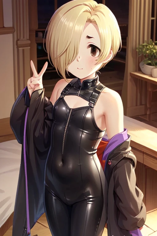 , Arika, , Viewers watching ,,'(( latex bodysuit )),indoor,,,  peace sign from belly button, standing, (((Shirasaka Koume,  blonde hair ,  hair covering one eye ,  shorthair,  Brown Eyes ,  flat chested)))
