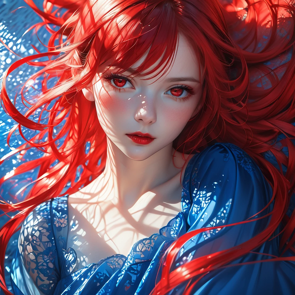 cute beauty, striking red eyes, glossy silky red hair, amorous and lewd expression, blue dress, perfect proportions, delicate and dynamic textures, contrasts of light and shadow, 2.5D, artistic photography, hyper realistic, graphic CG digital art, ultra detailed, absolutely resolution, best quality