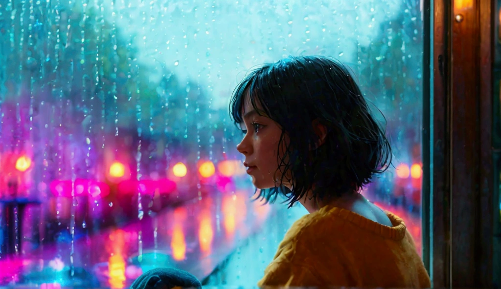 A realistic portrait of a woman sitting alone in a window seat in a pub at night. She looks sad、She appears to be lost in thought. Torrential rain is falling outside, Raindrops stick to the side of the window pane、Flowing down. The neon lights of the city and the pub are gently reflected off her face and the wet glass,  Emanating from within the glass structure、A vibrant blue color from the interior light ,  pink, Purple and. The interior of the pub is dimly lit, Creates a cozy yet melancholic atmosphere. Her facial expression expresses deep emotion, Highlighting her loneliness. Details include the texture of raindrops on the window pane,  The neon lights glow , Subtle shadows inside the pub.  super real ,  high definition ,  cinematic lighting,  Shallow Depth of Field , Soft Bokeh